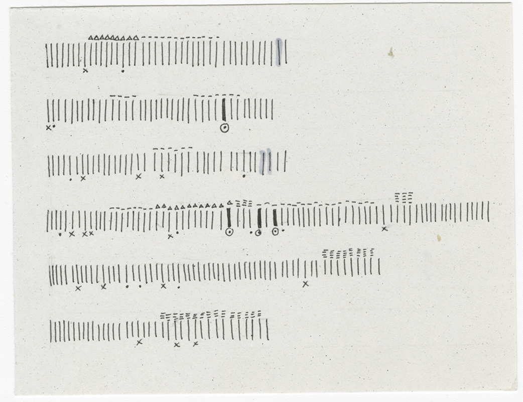 Sample Dear Data postcard showing six rows of vertical tick marks